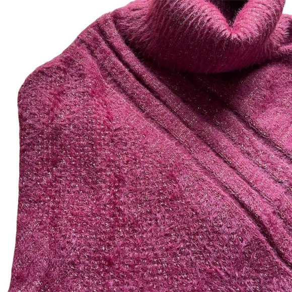 WOMENS WINE LUREX KNITTED TURTLENECK PONCHO - OS - Picture 4 of 5